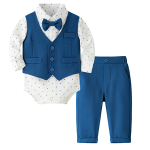Catpapa – Ensemble 4 pièces pour bébés garçons : Body imprimé croix, gilet, pantalon et nœud papillon – Tenue de baptême ou de cérémonie pour garçon - Product Image 3