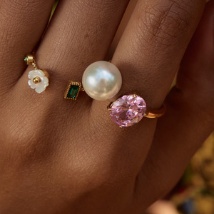 Pearl <b>Ring</b> 18K Gold Plated Pink Cubic Zirconia With Pearl <b>Adjustable</b> For Women Everyday Wear - Product Image 3