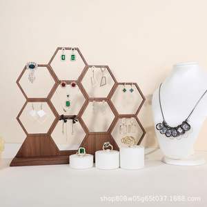 Creative Wooden Jewelry Display Rack Hexagonal Earring Necklace <b>Organizer</b> Solid Wood <b>Desktop</b> Storage Stand Retro Color 5 Layers - Product Image 5
