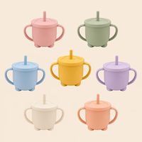 Gobelet à double poignée en silicone avec paille et couvercle, tasse à eau réutilisable conforme LFGB, plusieurs couleurs