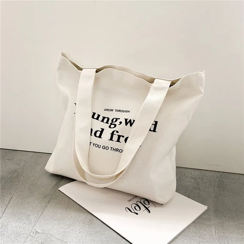 Women Canvas Bags Tote Shopping Bags Casual Cloth Shoulder Cotton Bag With Zipper For Girls Ladies Shopper