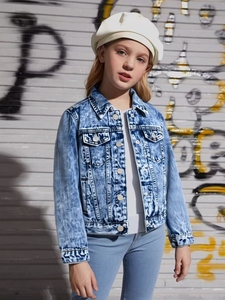 Chaqueta vaquera suave y cepillada estilo coreano para niñas, informal, para primavera y otoño, con bolsillos delanteros, venta al por mayor - Product Image 3