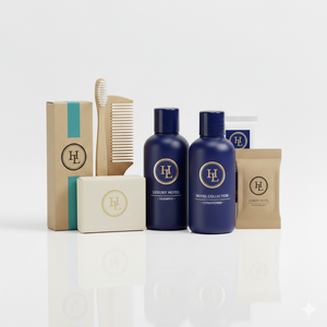 Kit d'articles de toilette de luxe pour hôtel, ensemble complet pour salle de bain des clients, format voyage, pochette en papier kraft biodégradable, hydratant, marque OEM - Product Image 3