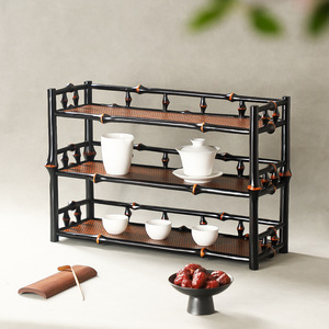 Étagère de rangement pour thé en bambou avec tiroirs et porte-tasses pour organiser la vaisselle dans le salon, type sur pied - Product Image 3