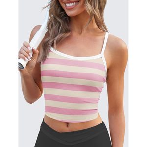 Top Deportivo Corto a Rayas para Mujer, Espalda Cruzada, Cuello Redondo, para Yoga, Color Rosa, Spandex, Poliéster, Top Atlético para Entrenamiento - Product Image 5