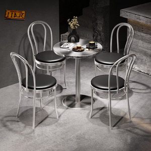 Set di Tavoli e Sedie in Acciaio Inox Stile Industriale per Ristoranti, Sgabelli Casual con Schienale per Ristoranti - Product Image 3