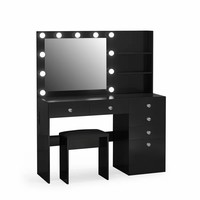 Commode pas cher embellir noir bois chambre meubles de vanité en bois beauté vanité table en bois avec lumière LED miroir de maquillage pour chambre