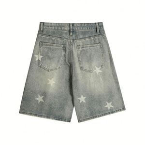 Short en jean imprimé étoile à cinq branches imprimé DTG personnalisé Jorts amples droits à jambe large blancs délavés pour hommes Taille d'été pour hommes - Product Image 2