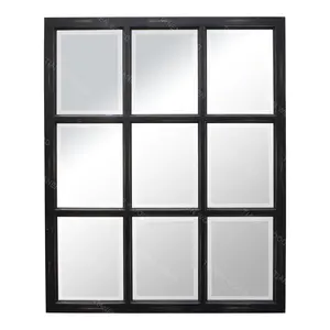 خمر نافذة خشب متين مؤطرة شنقا جدار الشبكة مرآة كبيرة كبيرة الأسود خشب متين إطار 9 لوحة نافذة مرآة