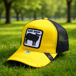 Cappello Trucker con Ricamo Pecora Nera, Rete Gialla, Regolabile, Unisex, 6 Pannelli, Casual, Primavera Estate - Product Image 2