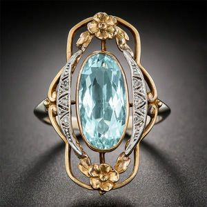 Anello da Cocktail F993 per Donna in Oro Massiccio 18K con Topazio Taglio Ovale, Montatura a Castone, Design Floreale, Gioiello Raffinato per Fidanzamento - Product Image 1