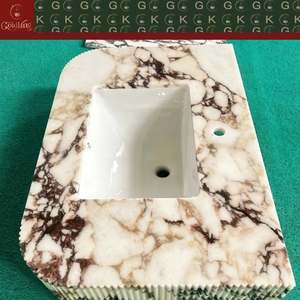 GOLDKING Meuble-lavabo moderne en marbre Calacatta Viola pour salle de bain, avec vasque, finition blanc crème, veines marron, bord cannelé, découpe CNC de précision - Product Image 3
