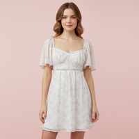 Robe Courte Femme en Mousseline Imprimé Floral Personnalisé, Col Cœur, Manches Bouffantes, Buste Froncé Élégant, Taille Haute, Coupe Trapèze