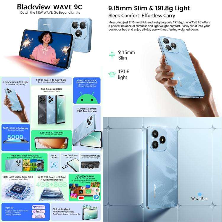 Cheap Price Original Blackview WAVE 9C Mobile Phone 4GB+64GB 6.56