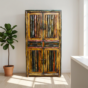 Armoire vintage en bois massif de style rustique avec des lignes verticales, en lin, fabriquée à la main, à bas prix, 4 portes et 2 tiroirs, meubles indiens pour la maison - Product Image 4