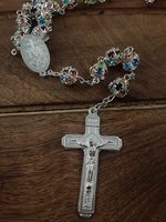Chapelet catholique en argent avec médaille miraculeuse, croix et crucifix, perles de cristal de zircone colorées, multicolore