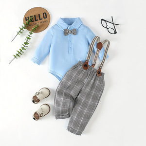 Ensemble de vêtements pour bébé garçon, confection exquise, comprenant un body à manches longues et col, une nœud papillon et un pantalon à bretelles à carreaux, idéal pour les anniversaires et les occasions formelles - Product Image 4