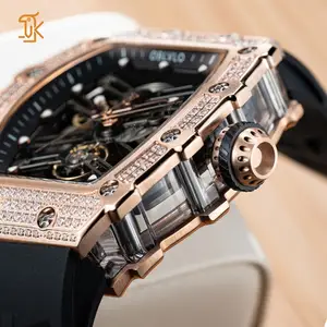 SANYINカスタムゴールドメッキスケルトンサファイアガラス自動機械式時計ワインバレルメンズ腕時計