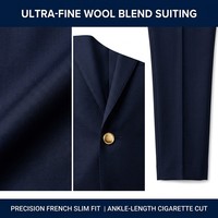 Ensemble tailleur chic parisien bleu marine pour femme, coupe ajustée, blazer et pantalon cigarette, OEM ODM, mélange de laine fine, tenue de bureau pour boutique