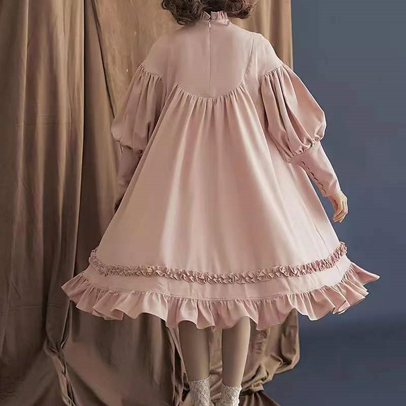 Vintage Long-Sleeved Loose Stand-up Collar Lace Dress for Women -  Knee-Length Ball Gown with Ruffles and Eco-Friendly Fabric