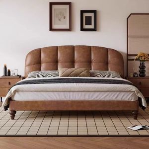 <span class=keywords><strong>Letto</strong></span> <span class=keywords><strong>matrimoniale</strong></span> moderno con struttura in legno e rivestimento in pelle cerata, stile a blocchi color crema, con schienale morbido, ideale per piccoli appartamenti e camere padronali - Product Image 1
