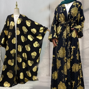 Abaya noire de luxe avec imprimé doré et strass, vêtements musulmans islamiques pour femmes, robe kaftan Dubaï, 1444+1442 # - Product Image 1