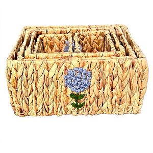 Natural Rattan <b>Storage</b> <b>Basket</b> <b>Rectangle</b> Embroidered Flower Rustic Style Multi Purpose Eco Friendly Organizer - Product Image 1