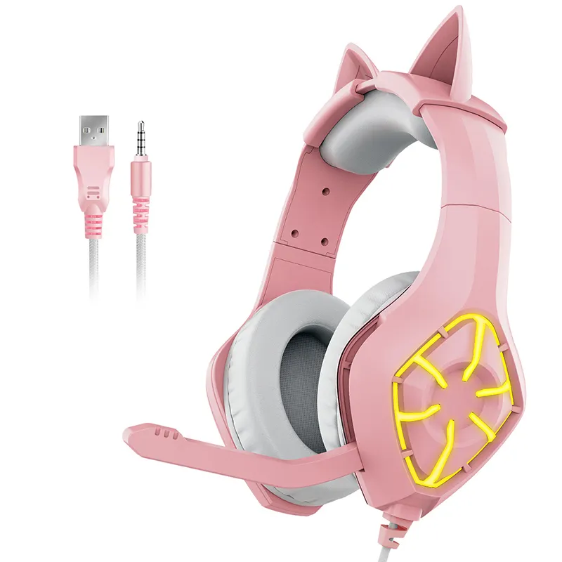 Factory Wholesale Pink Cute Cat Ear Rgb Gaming Headset 3.5mm Wired Headphones 7.1 Gaming Headset