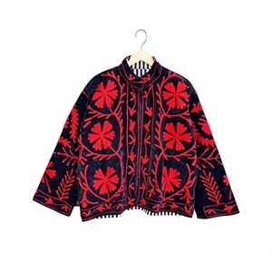 Red Floral Embroidered Velvet Jacket <b>Coat</b> Handmade Short Winter Casual Jacket With Inside Cotton Lining - Product Image 1