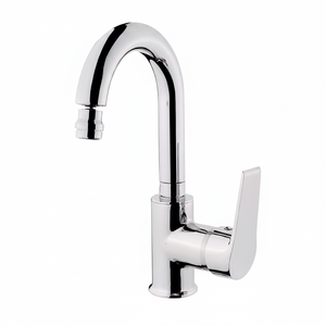 DL03 Robinet de lavabo monocommande moderne en laiton 40 mm avec cartouche, à débit contrôlé, économie d'eau, avec flexibles en acier inoxydable, type Cygne, à poser sur comptoir - Product Image 2