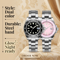 Montre mécanique pour couple personnalisée, ronde, noire et rose, mouvement automatique, date, acier inoxydable, étanche, verre saphir enduit