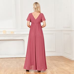 Robe longue en mousseline de haute qualité, coupe trapèze, col en V, élégante, fendue, pour bal de promo, mariage, demoiselle d'honneur, décorée de dentelle - Product Image 2