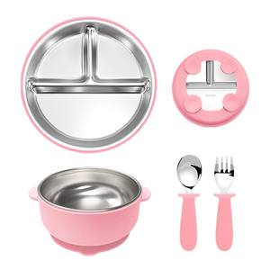 Ensemble de vaisselle pour enfants en acier inoxydable 304 personnalisé avec assiettes et bols en silicone, assiettes à ventouse pour tout-petits, bol et tasse avec manchons amovibles, non toxique, sans BPA - Product Image 1