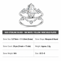 Bague double bande en argent sterling 925 personnalisée avec moissanite marquise, plaqué or vermeil 1-2,5 μm, vente en gros, fabricant de bijoux pour femmes