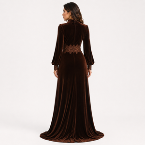 Abito Corsetto Elegante Taglie Forti, <span class=keywords><strong>Vestito</strong></span> <span class=keywords><strong>Midi</strong></span> in <span class=keywords><strong>Velluto</strong></span> Nero da Donna a Maniche Lunghe con Ricami in Pizzo, Ultimi Modelli per Signore 2026 - Product Image 3