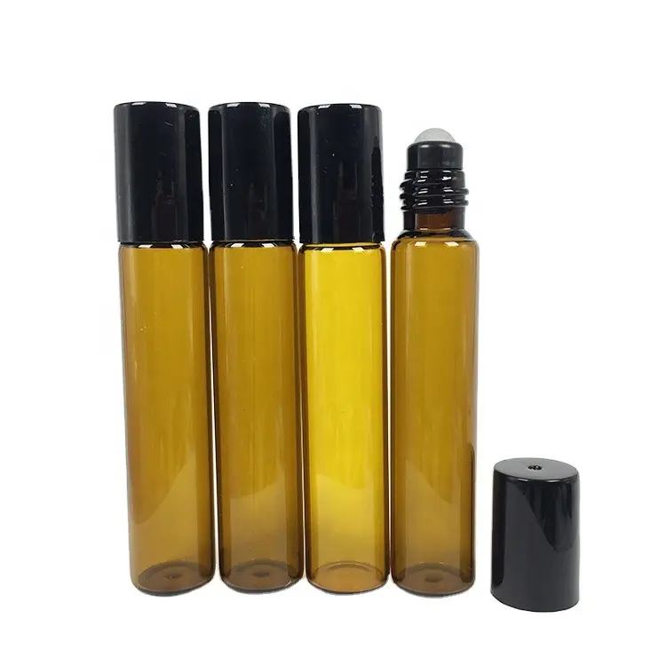 Groothandel Black Golden Cap Amber Glazen Fles 10 Ml Roll Op Fles Glas 10 Ml Roller Ball Flessen Voor Parfum essentiële Oliën