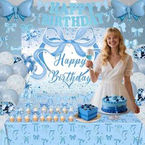 Decoraciones <span class=keywords><strong>de</strong></span> <span class=keywords><strong>Cumpleaños</strong></span> con Lazo Azul Coqueto <span class=keywords><strong>para</strong></span> Niñas y Mujeres, Pancarta <span class=keywords><strong>de</strong></span> Feliz <span class=keywords><strong>Cumpleaños</strong></span> en Azul Claro y Blanco, Globos, Mantel - Product Image 4