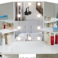 Table de toilette en mélamine avec miroir d'angle, tiroir et éclairage LED