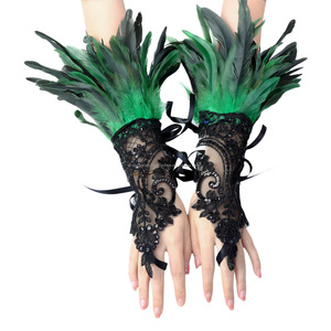 Women's Halloween Bleached Pattern Lace Hook Gloves Dark <strong>Feather</strong> Sleeve <strong>Cuffs</strong> for Party Cosplay Carnival Stage Show Costume - Product Image 4