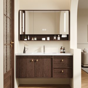 Meuble de salle de bain moderne avec vasque intégrée en céramique et tiroir en bois massif noyer - Product Image 1
