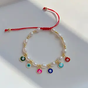New Arrival Gold Plated Hand Made Natural Freshwater Pearl Beaded Colorful Evil Eye Bracelet