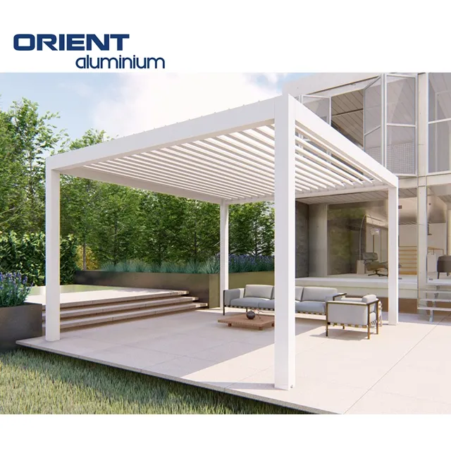 Orient Cina pemasok sepenuhnya otomatis dapat ditarik Pergola aluminium luar ruangan dengan Louvered atap