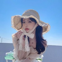 Chapeau de soleil pliable à large bord en paille de mer, brodé à la main, style coréen, pour femme, avec lacets, protection solaire
