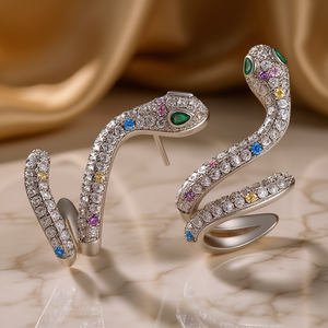 Pendientes de serpiente de oro blanco con diamantes y diamantes de fantasía para mujer, joyería de lujo para fiestas - Product Image 2