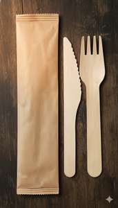 Tenedor y Cuchillo Biodegradables Ecológicos de Madera de Magnolia Conifera Envueltos en Papel Compostable - Product Image 3