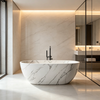Baignoire autoportante en résine de pierre gris-blanc veinée marbre, ovale, avec robinet au sol, pour villa et hôtel