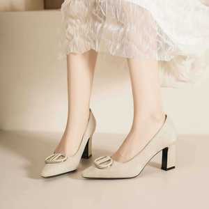 <b>Black</b> <b>Suede</b> <b>Pumps</b> Pointed Toe Block Heel Metal Buckle Office Shoes High Heel Breathable Women's Footwear - Product Image 2