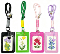 Porte-cartes en cuir PU avec motif brodé auto-finissant, étui pour badge avec sangle tressée et porte-clés pendentif cœur