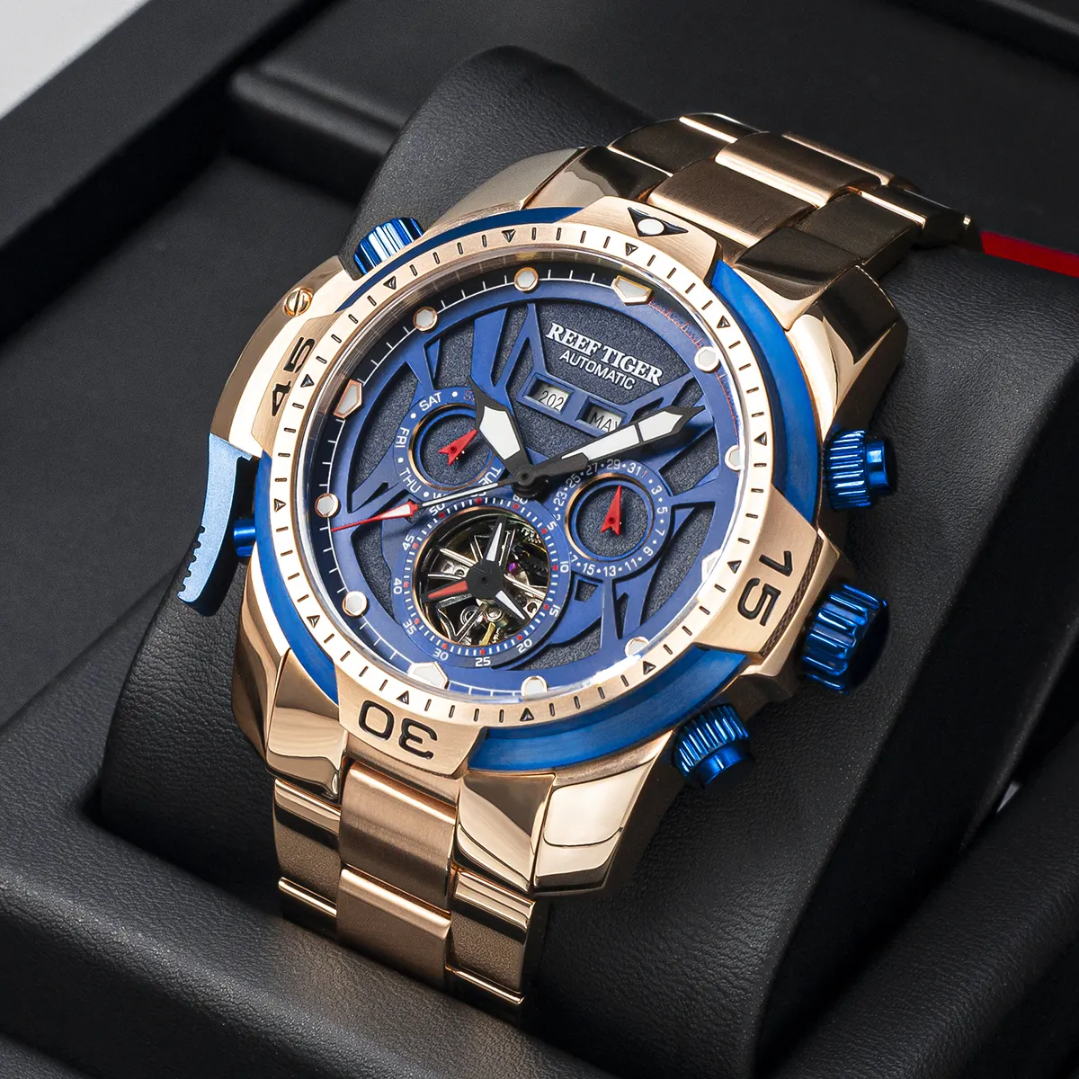 Reef tiger relógio esportivo complicado, indicador para ano, pulseira com calendário perpetual rga3532