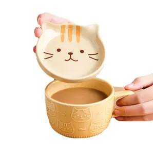 Hot Selling Creative Glazed Emboss Porzellan Katzen form Tasse Keramik Kaffeetasse mit Deckel angepasst